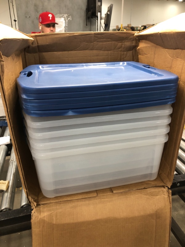 Photo 1 of Pack of 4 Sterilite 18 Gallon/68 Liter Latch and Carry, True Blue Lid and Clear Base with Blue Aquarium Latches

//MINOR DAMAGE 
