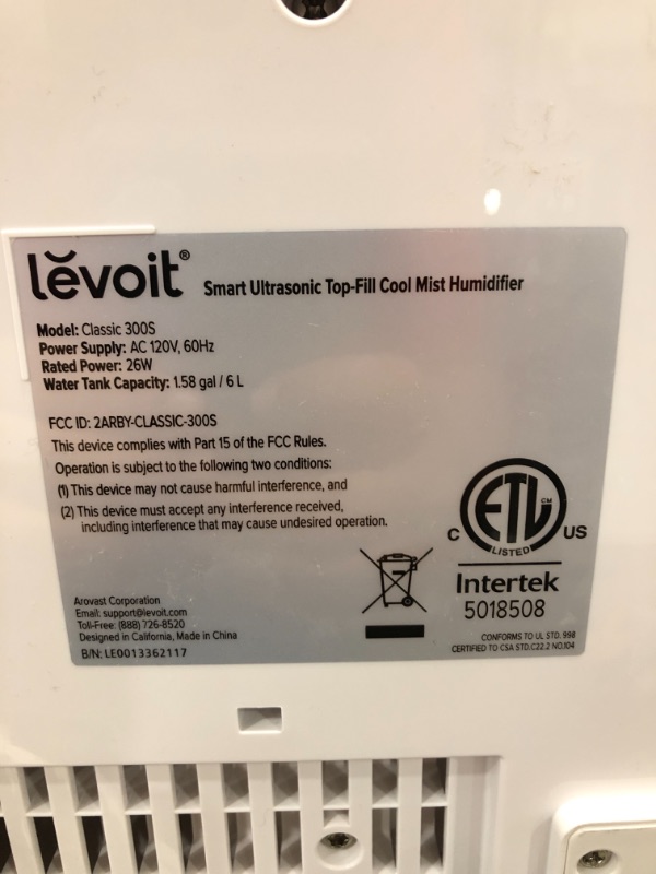 Photo 3 of LEVOIT Humidifiers for Bedroom Large Room Home, 6L Top Fill Cool Mist Air Ultrasonic for Plants Indoor with Essential Oils Diffuser for Baby Kids, Smart Control with Humidistat, Quiet Easy Clean, Gray


//TESTED AND FUNCTIONAL