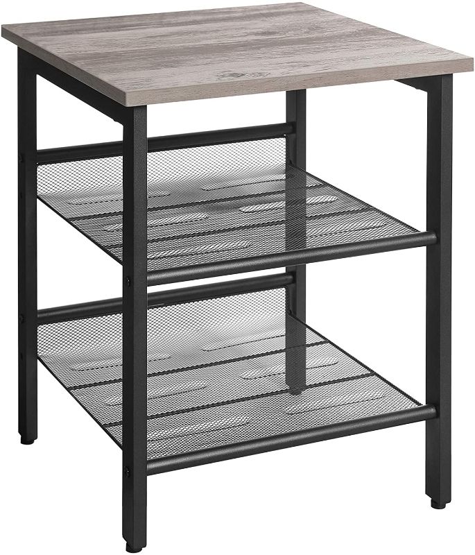 Photo 1 of VASAGLE Desk Side Table, 15.7 x 15.7 Inch Nightstand with 2 Adjustable Mesh Shelves, Printer Table, Record Player Table, Easy Assembly, for Living Room, Bedroom and Office, Greige and Black 2 pack

//loose hardware 
