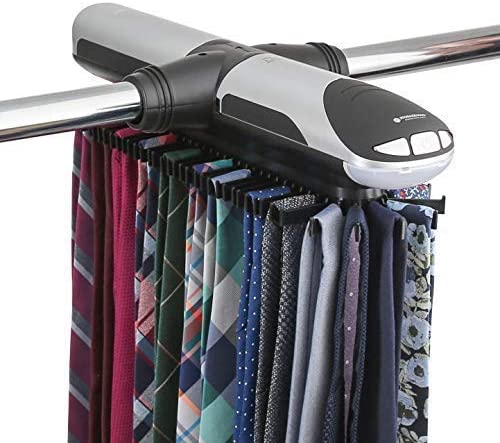 Photo 1 of StorageMaid Motorized Rack Organizer for Closet with LED Lights-Battery Operated Holds 72 Ties and 8 Belts - Includes J Hooks for Wire Shelving - Bonus Tie Travel Pouch & Tie Clip, Black
