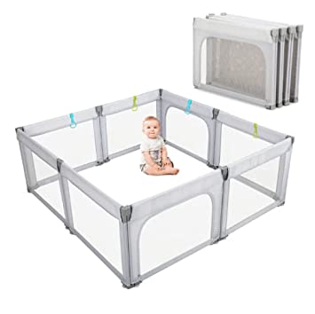 Photo 1 of foldable Baby Playpen, Dripex Kids Portable Playard with Double Suction Anti-Slip, 5 Handlers, Indoor & Outdoor Activity Center, Safety Gates with Breathable Mesh, Sturdy Play Yard for Toddler (P1001)