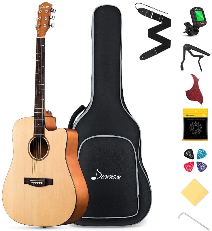 Photo 1 of Donner Acoustic Guitar Beginner Adult Full Size 41 Inch Dreadnought Cutaway Acustica Guitarra Bundle Kit for Teen Student with Gig Bag Tuner Capo Pickguard String Truss Rod Strap, Natural Right Hand
