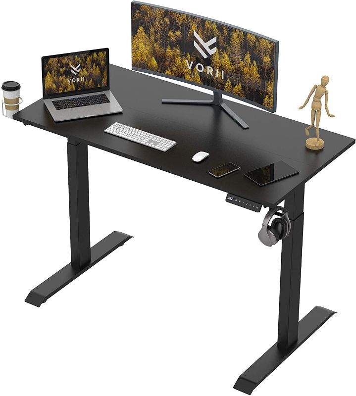 Photo 1 of VORII Electric Standing Desk with Cable Management Accessories and Locking Casters, Heavy-Duty SPCC Steel Frame, 48"x24" Height Adjustable, Sit Stand Desk with Splice Board Black Frame/Black Top
