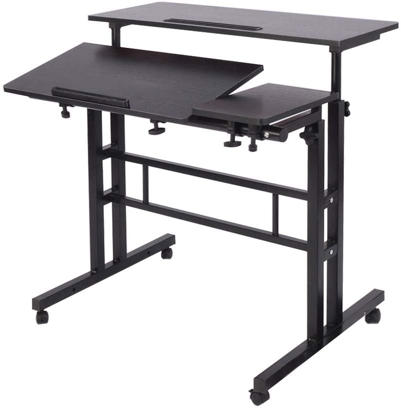 Photo 1 of DlandHome Sit-Stand Desk Cart Mobile Height-Adjustable Sit to Stand Office Desk Riser Standing Table Workstation Mobile Desk, Black, 101-2-BK
