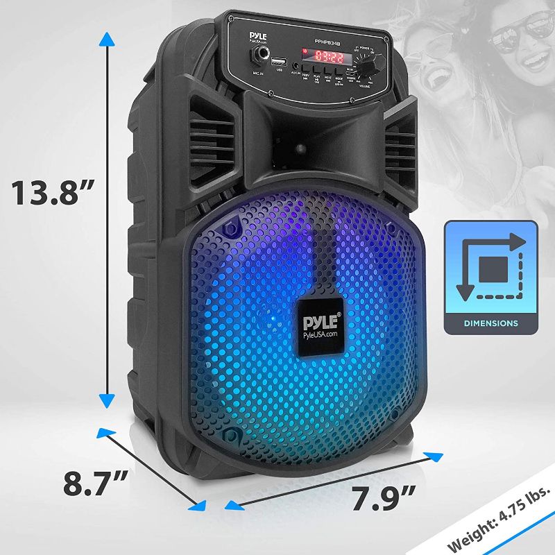 Photo 1 of Portable Bluetooth PA Speaker System - 300W Rechargeable Outdoor Bluetooth Speaker Portable PA System w/ 8” Subwoofer 1” Tweeter, Microphone in, Party Lights, MP3/USB, Radio, Remote - Pyle PPHP834B
