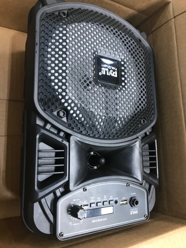 Photo 2 of Portable Bluetooth PA Speaker System - 300W Rechargeable Outdoor Bluetooth Speaker Portable PA System w/ 8” Subwoofer 1” Tweeter, Microphone in, Party Lights, MP3/USB, Radio, Remote - Pyle PPHP834B
