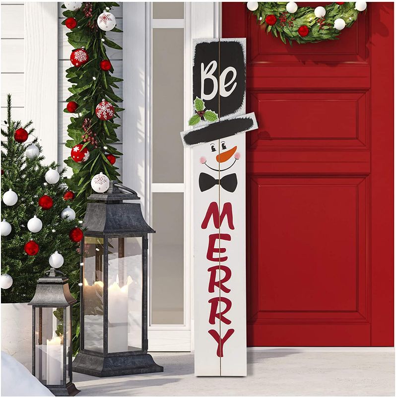 Photo 1 of 42" H Wooden Welcome Sign Snowman Vertical Porch Sign - Merry Hanging Signs Christmas Decorations for Front Door Wall Display
