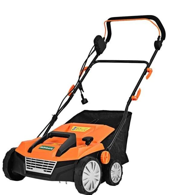 Photo 1 of 15 in. 13 Amp Corded Electric Push Button Start Walk Behind Push Mower Scarifier Electric Lawn Dethatcher Orange
