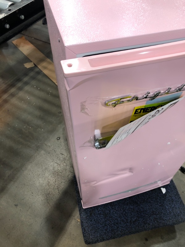 Photo 4 of *****Door broken missing handle****** FRIGIDAIRE EFR376 Retro Bar Fridge Refrigerator with Side Bottle Opener, 3.2 cu. Ft, Pink/Coral
