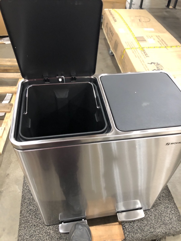 Photo 3 of ***SMALL DENT*** SONGMICS Dual Trash Garbage Can, 16 Gal (60L) Rubbish Bin and 15 Trash Bags, Metal Step Bin, with Dual Sections, Plastic Inner Buckets, Hinged Lids, Handles, Soft Closure, Silver ULTB60NL
