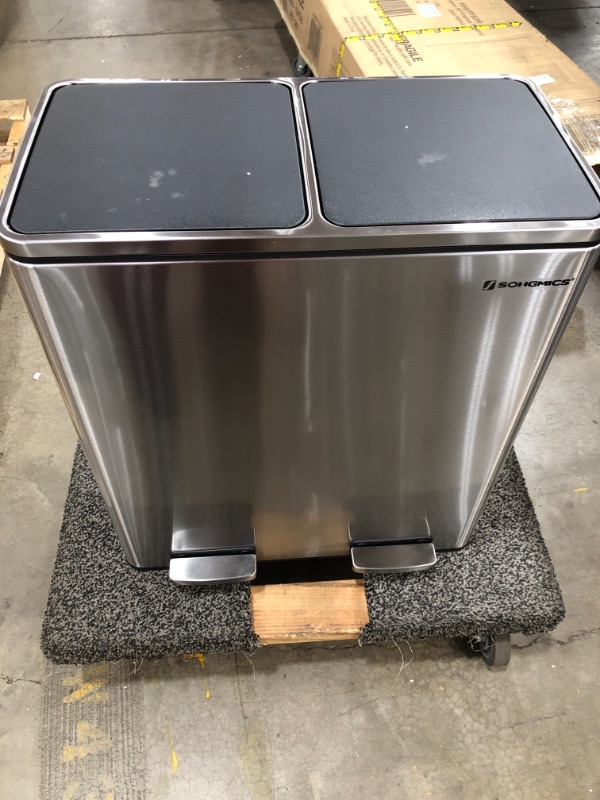 Photo 2 of ***SMALL DENT*** SONGMICS Dual Trash Garbage Can, 16 Gal (60L) Rubbish Bin and 15 Trash Bags, Metal Step Bin, with Dual Sections, Plastic Inner Buckets, Hinged Lids, Handles, Soft Closure, Silver ULTB60NL
