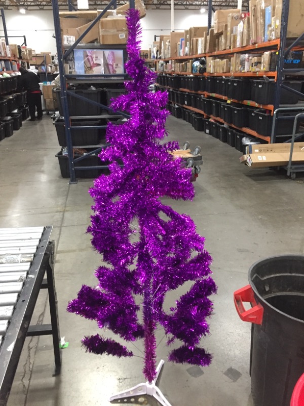 Photo 2 of Adiwiid 450 Branch Tips Christmas Tree for Home Decoration, 6 Ft Folding Artificial Tinsel Christmas Tree for Seasonal Party Decoration (Purple)
