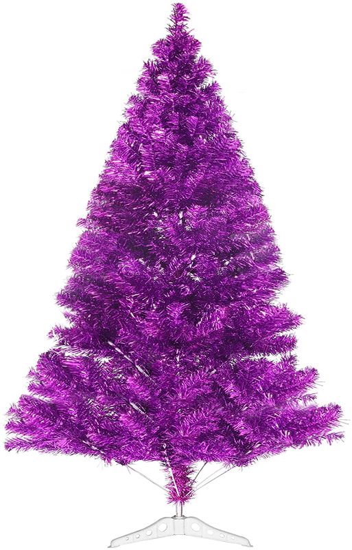 Photo 1 of Adiwiid 450 Branch Tips Christmas Tree for Home Decoration, 6 Ft Folding Artificial Tinsel Christmas Tree for Seasonal Party Decoration (Purple)
