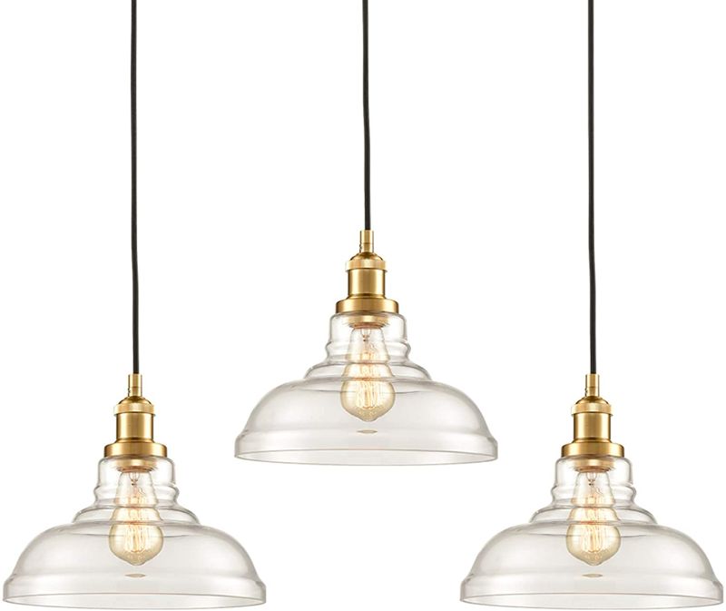 Photo 1 of CLAXY Industrial Brass Pendant Lighting Glass Kitchen Island Hanging Lights-3 Pack
