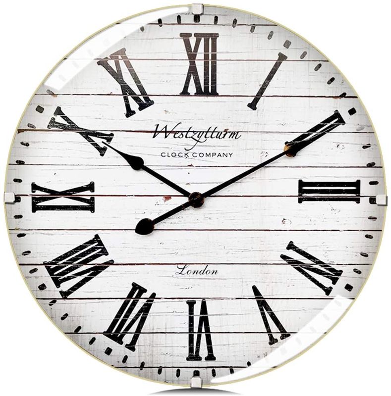 Photo 1 of *DOESNT POWER ON* Westzytturm Large Farmhouse Wall Clock 20 Inch with Curved Glass Cover Wood Wall Clock Roman Numerals Silent Battery Operated Rustic Wooden Clocks for Walls/Living Room/Home Decor/Office(White) *READ BELOW*
