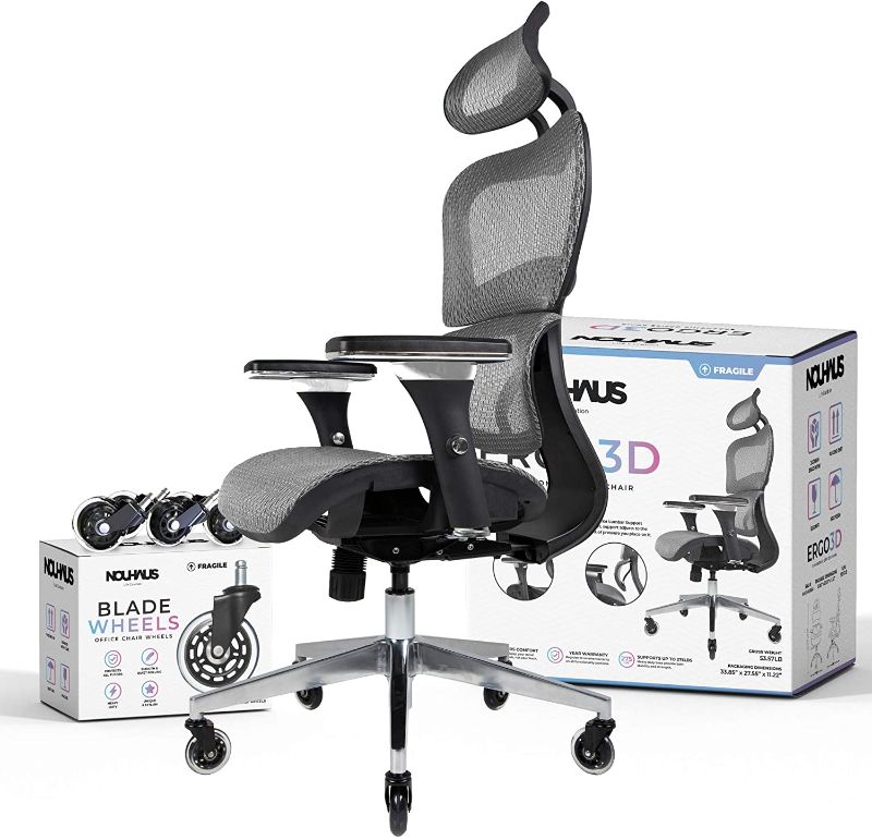 Photo 1 of NOUHAUS Ergo3D Ergonomic Office Chair - Rolling Desk Chair with 3D Adjustable Armrest, 3D Lumbar Support and Blade Wheels - Mesh Computer Chair, Gaming Chairs, Executive Swivel Chair (Gray)
