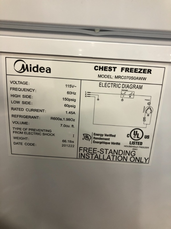 Photo 4 of ****PARTS ONLY**** Midea MRC070S0AWW Chest Freezer, 7.0 Cubic Feet, White