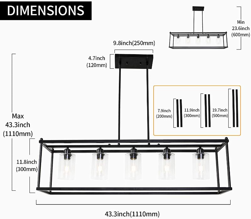 Photo 1 of ***NOT TESTED*** 5-Light Farmhouse Chandelier Light Fixture, Kitchen Island Pendant Lighting,Modern Black Hanging Ceiling Light with Glass Shade Adjustable Rods for Dining Room, Living Room, Kitchen
