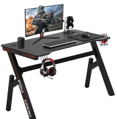 Photo 1 of Gaming Computer Desk Home Office Desk Extra Large Modern Ergonomic Black PC Carbon Fiber Writing Desk Table with Cup Holder Headphone Hook