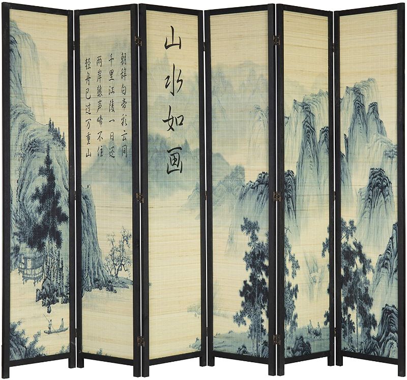 Photo 1 of MyGift 6-Panel Bamboo Screen Freestanding Room Divider with Asian Calligraphy Artwork Design
