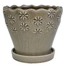 Photo 1 of `9 in. Taupe Embossed Floral Ceramic Planter
SET OF 2
