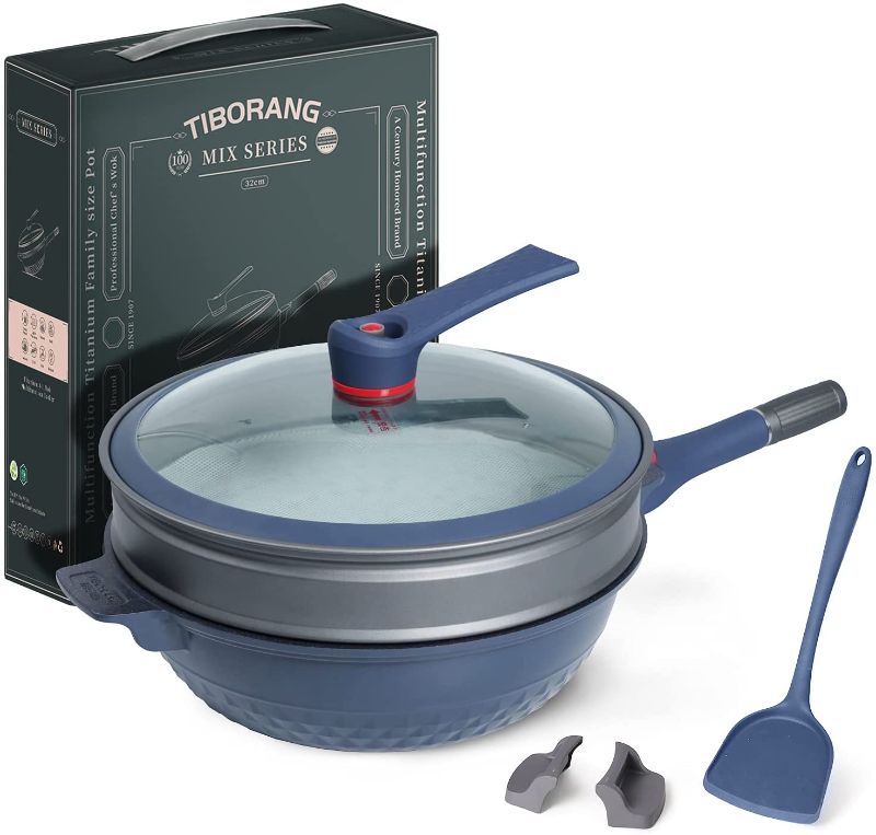 Photo 1 of 
TIBORANG Nonstick 8 in 1 Multipurpose Woks and Stir Fry Pans,12.6 Inch 7-layer Coating Heat Indicator Cookware Chinese Wok with Transparent Glass Lid,...
Color:Navy Blue