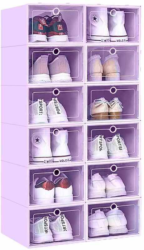 Photo 1 of 12 Pack Stackable Shoe Storage Organizer Plastic with Lid, Clear Shoe Boxes Drop Front , Shoe Containers Bins for Men’s Sneaker Women’s High Heels – Easy to Assemble (Purple)
