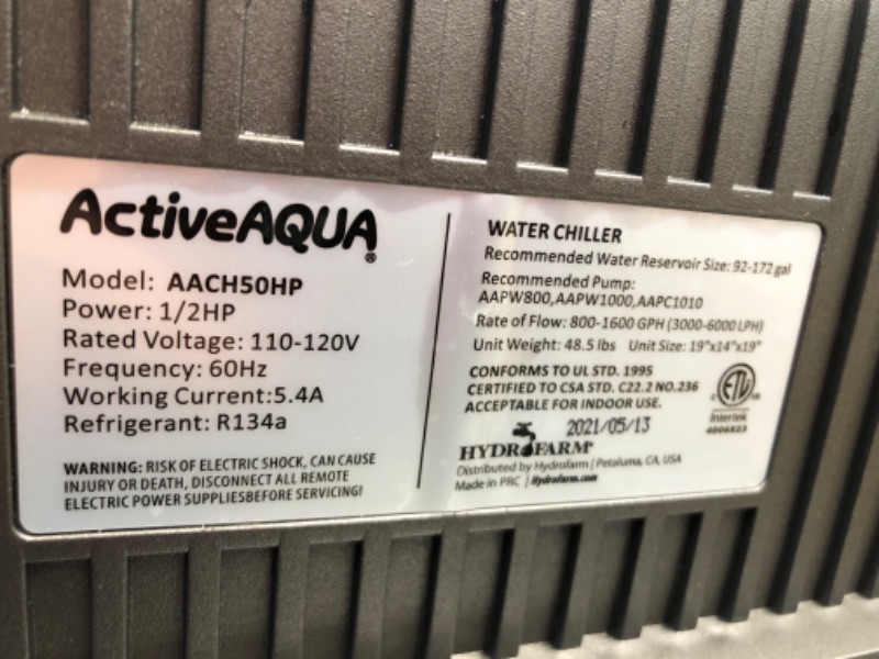 Photo 2 of Active Aqua AACH50HP 0.5 HP 800-1600 GPH 120V Hydroponic Cooling Water Chiller
**USED, A LITTLE WET**
