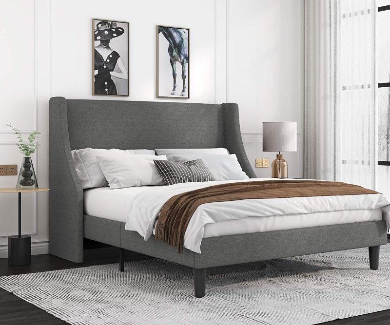 Photo 1 of Allewie Full Size Modern Platform Bed Frame with Wingback/Upholstered Bed Frame with Headboard/Wood Slat Support/Mattress Foundation/Light Grey
**SMALL TEAR IN UPHOLDSTER**
