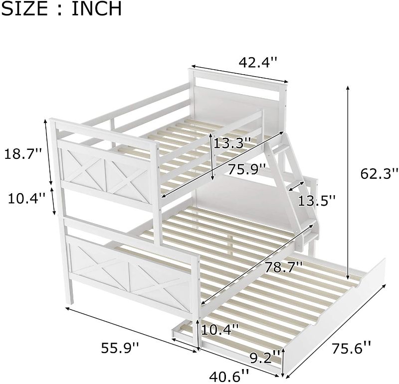 Photo 1 of **INCOMPLETE BOX 2 OF 2** Twin Over Full Bunk Bed, 3-in-1 Solid Wood Bunk Beds with Twin Size Trundle, Bunk Bed Frame with Ladder, Safety Guardrail (White)

