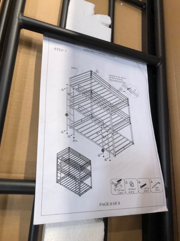 Photo 4 of **INCOMPLETE BOX 1 OF 2** Metal Triple Bunk Beds ,Bunk Beds Twin Over Twin Over Twin,Triple Bed for 3 ,Heavy Duty 3 Beds Bunk Bed with Guard Rails and Ladder for Kids Teens Adults ,Black
