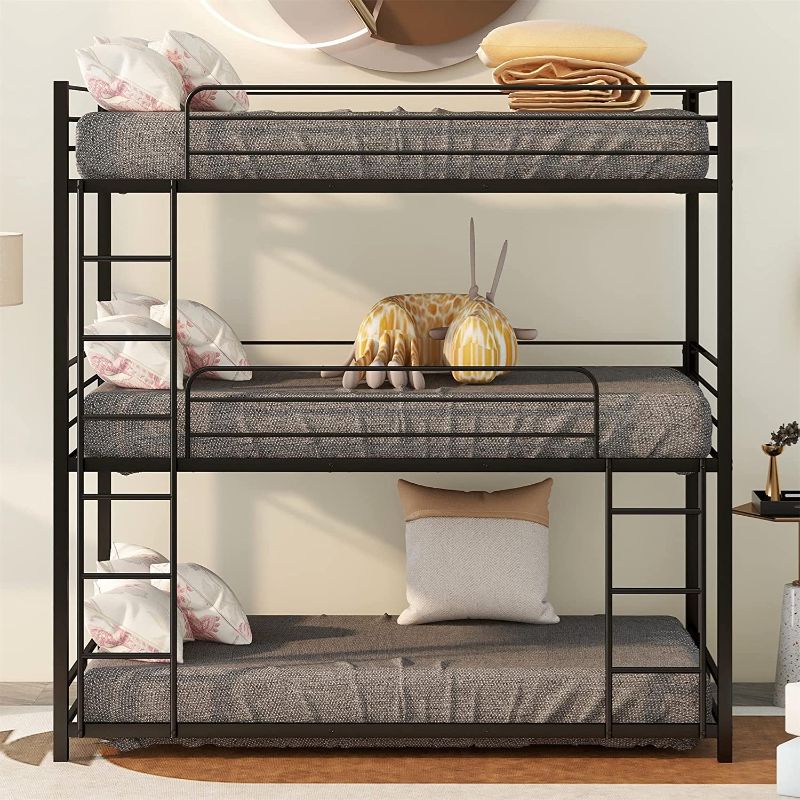 Photo 1 of **INCOMPLETE BOX 1 OF 2** Metal Triple Bunk Beds ,Bunk Beds Twin Over Twin Over Twin,Triple Bed for 3 ,Heavy Duty 3 Beds Bunk Bed with Guard Rails and Ladder for Kids Teens Adults ,Black
