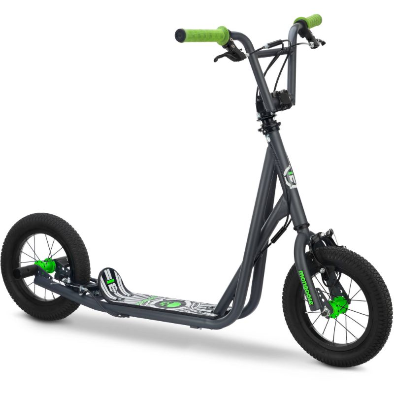 Photo 1 of Mongoose Expo Youth Scooter, Front and Rear Caliper Brakes, Rear Axle Pegs, 12-Inch Inflatable Wheels, Green/Grey
