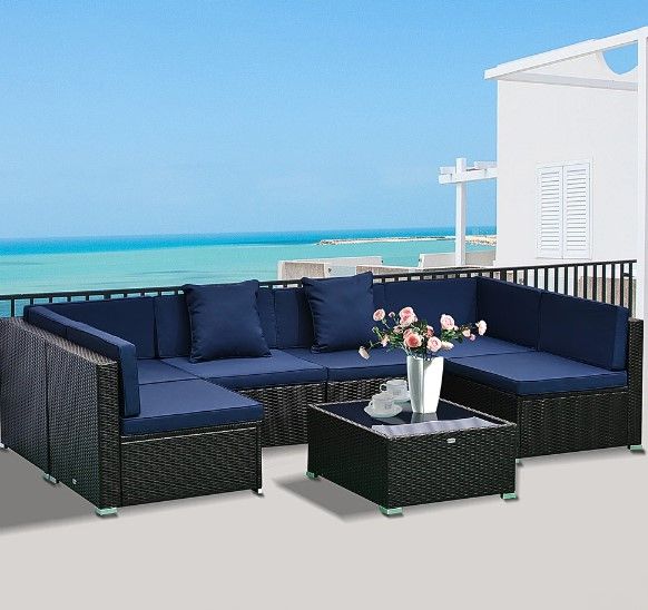 Photo 1 of **INCOMPLETE** (BOX 2 OF 3)
7-piece Modern Rattan Wicker Blue Outdoor Modular Patio Sectional Set
