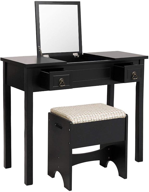 Photo 1 of **INCOMPLETE**
VASAGLE Vanity Set with Flip Top Mirror Makeup Dressing Table Writing Desk with 2 Drawers Cushioned Stool 3 Removable Organizers Easy Assembly, Black
