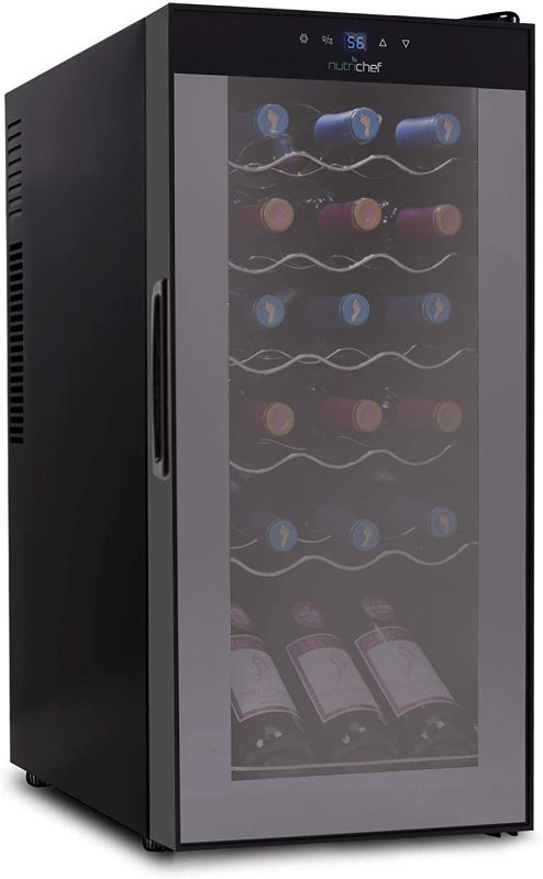 Photo 1 of **PARTS ONLY**
NutriChef Wine Cooler Refrigerator - 18-Bottle Wine Fridge with Air-Tight Glass Door, Touch Screen Digital Temperature Control - Freestanding, Compact - For Apartment, Office, Hotel, Home Bars
