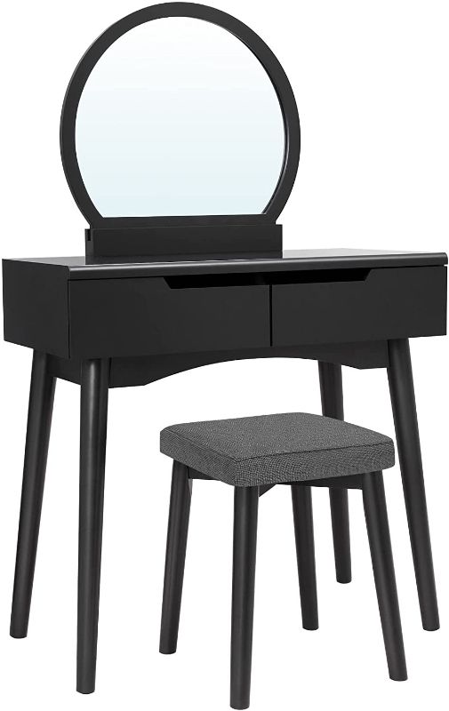 Photo 1 of ***PREVIOUSLY OPENED***
VASAGLE Vanity Table, Makeup Vanity Desk with Rounded Mirror, 2 Drawers, Vanity Set with Upholstered Stool, for Bathroom, Bedroom, Black URDT11BK
