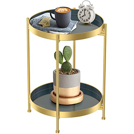 Photo 1 of (DENTED SIDE) 
Round Side Table, Gold Metal 2 Tier Tray Metal End Table for Sofa Living Room Tea Table Small Spaces
