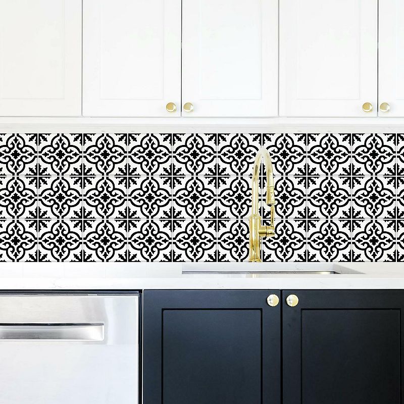 Photo 1 of RoomMates Ornate Black and White Tile Backsplash Peel and Stick Giant Wall Decal