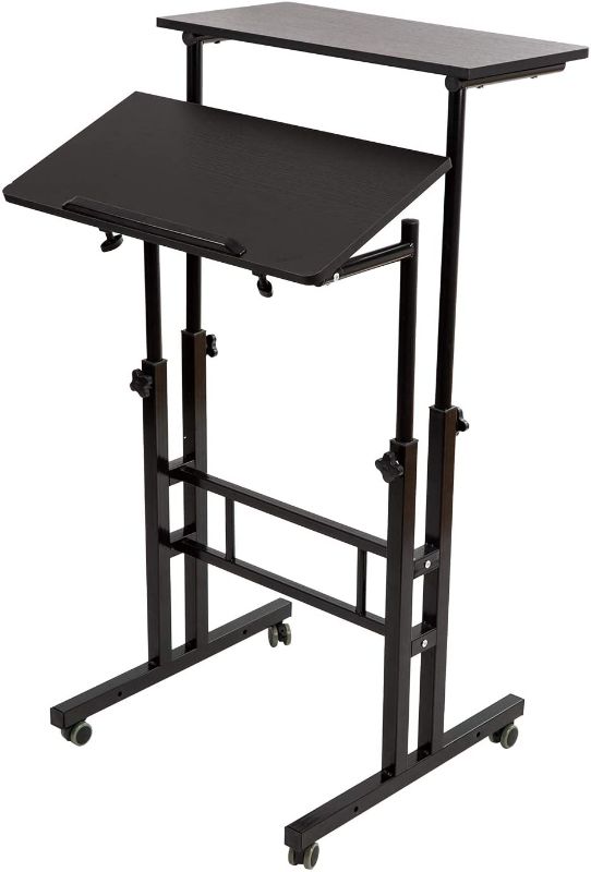 Photo 1 of SIDUCAL Mobile Stand Up Desk, Adjustable Laptop Desk with Wheels Home Office Workstation, Rolling Desk Laptop Cart for Standing or Sitting, Black
***MISSING PARTS AND SCREWS***
