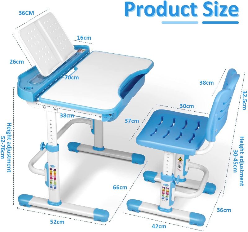 Photo 1 of ??? Desk and Chair Set with Drawer, Height Adjustable Student Study Desk, ??? Desk Chair with Tilted Table, 28"x 22" Desktop, Blue
