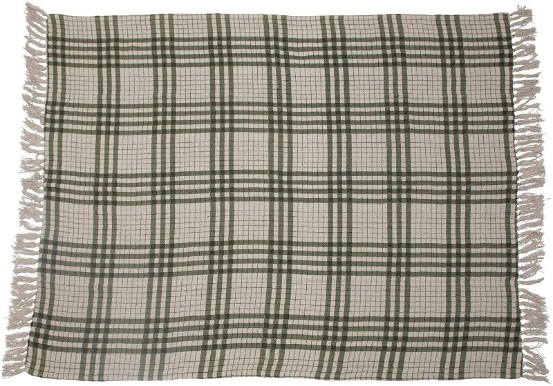 Photo 1 of Creative Co-Op Soft and Cozy Woven Recycled Cotton Blend Printed Plaid Decorative Blanket with Fringe Throw, Green & Natural
