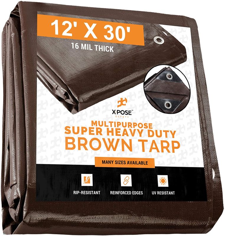 Photo 1 of 12' x 30' Super Heavy Duty 16 Mil Brown Poly Tarp Cover - Thick Waterproof, UV Resistant, Rip and Tear Proof Tarpaulin with Grommets and Reinforced Edges - by Xpose Safety
