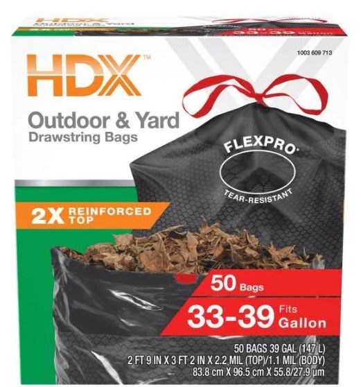 Photo 1 of FlexPro 33 Gallon - 39 Gallon Black Drawstring Outdoor and Yard Trash Bags (50-Count)
