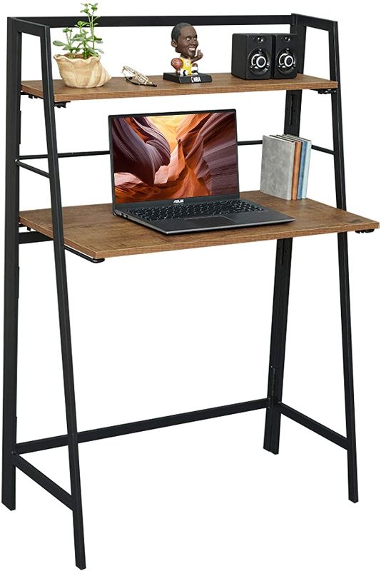 Photo 1 of Folding Desk Small Computer Writing Desk with Storage Shelf No Assembly Foldable Kids Laptop Desk Portable Student Study Table Modern Wood Work Desk for Home Office, Industrial Walnut Brown