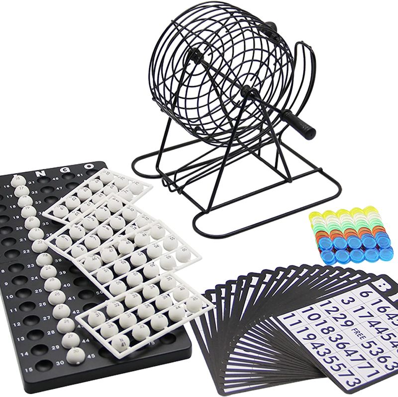 Photo 1 of Home Bingo Game Set, 8 Inch Metal Bingo Cage Include White Balls, Bingo Chips, Bingo Board, 18 Bingo Cards