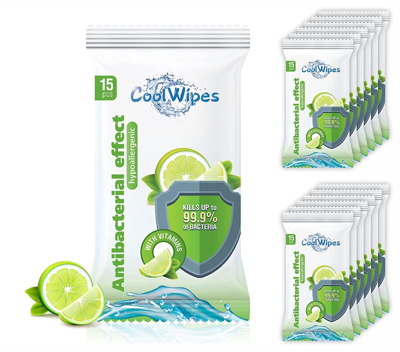 Photo 1 of Sanitizing Wipes - Set of 12 Travel packs CoolWipes Wipes with vitamins A, E, C and D-panthenol | Sanitizing, Moisturizing & Hypoallergenic Cleaning Wipes for Hands & Full Body | 180 pcs total (Vitamins)
