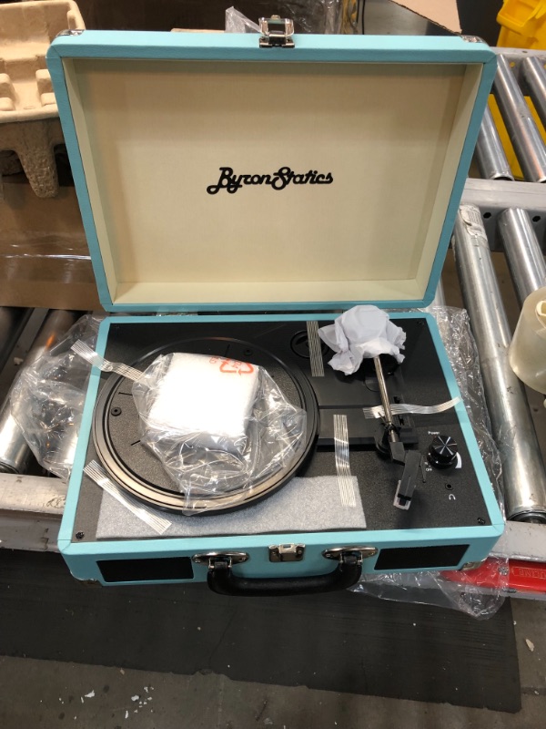 Photo 2 of *vinyl/ record NOT included* 
Byron Statics Vinyl Record Player 3 Speed with 2 Built in Stereo Speakers, Replacement Needle Supports RCA Line Out AUX in Headphone Jack Portable Vintage Suitcase, Teal
