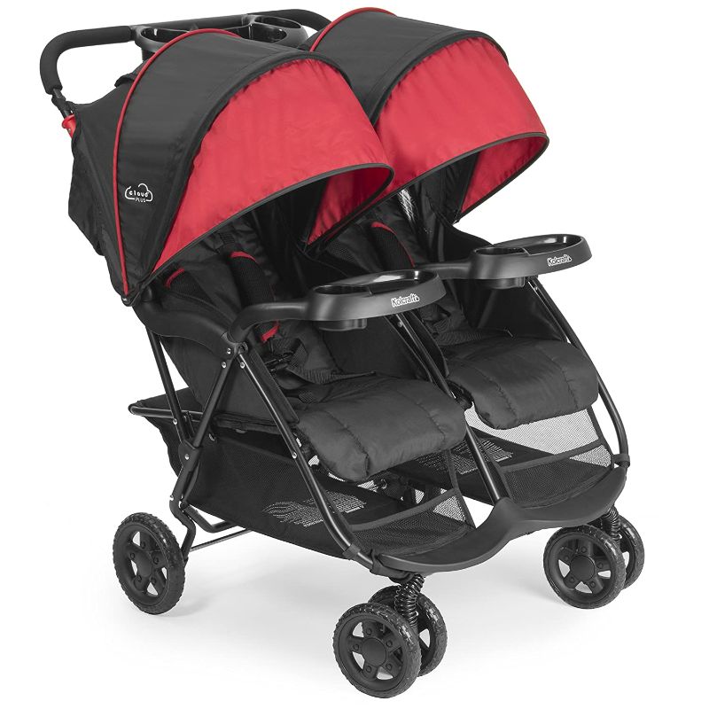 Photo 1 of Kolcraft Cloud Plus Lightweight Double Stroller with Reclining Seats & Extendable Canopies, Red/Black, Folded Dimensions: 20"L x 31"W x 33.5"H 
