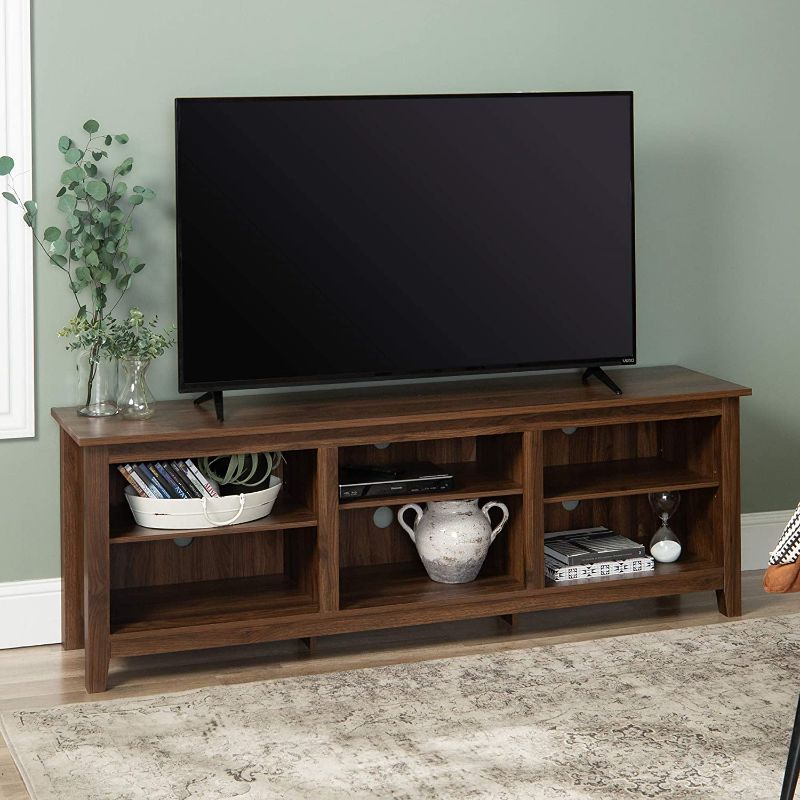 Photo 1 of Walker Edison Wren Classic 6 Cubby TV Stand for TVs up to 80 Inches, 70 Inch, Dark Walnut
